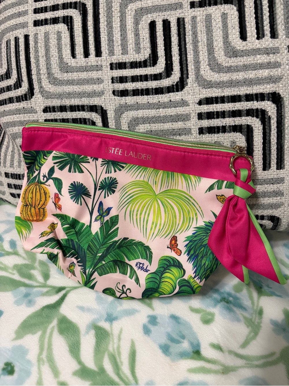Estee Lauder Pink and Green Tropical Print Cosmetic Pouch